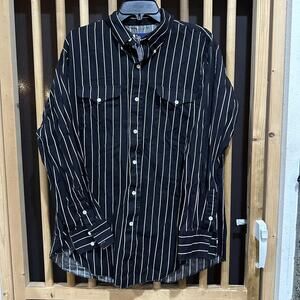 Luskey's LR Classic Shirt Mens 16.5 35 Black White Striped Button Up Made USA